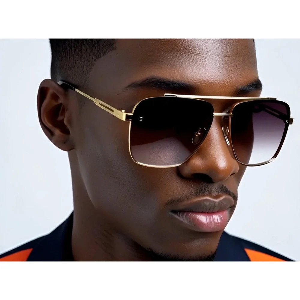 Mens Gold Square Rimless Sunglasses Gradient Lenses Metal Frame Lentes Gafas New